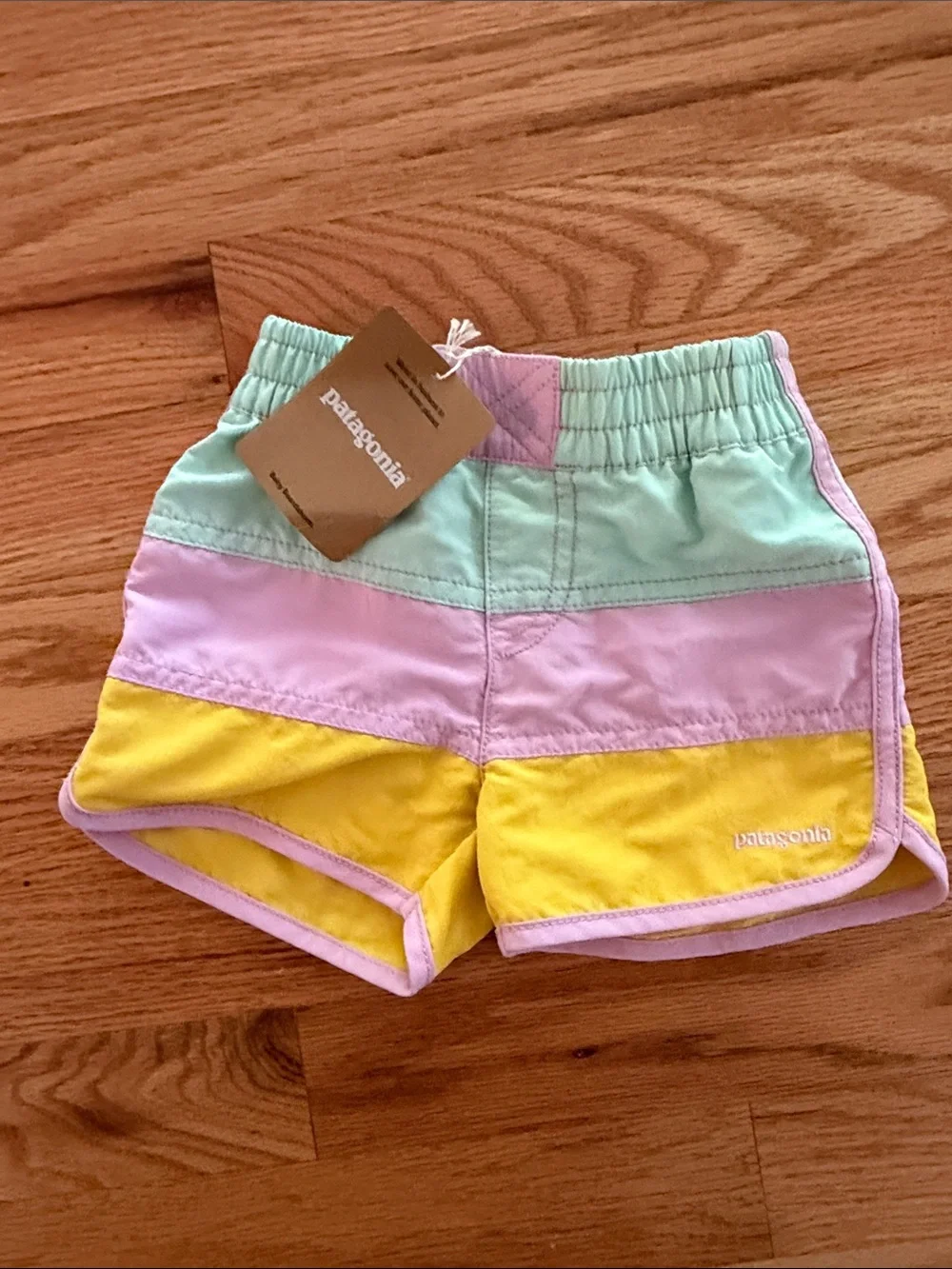 Patagonia Kids Colorblock Stretch-Waist Boardshorts in Mint, Lavender & Yellow